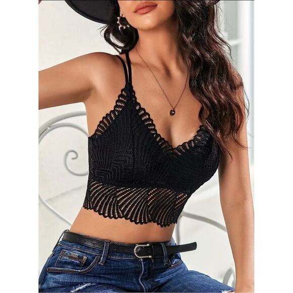 Sexy Y2K Black Lace Halter Tank Top V Neck XL Summer Beach Party Gothic - Picture 1 of 6